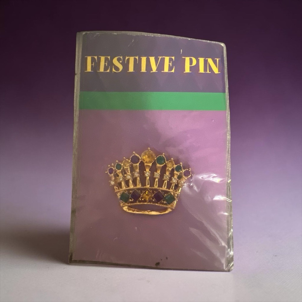 Rubie's Festive Mardi Gras Crown Pin Rhinestone Gold Tone NWT